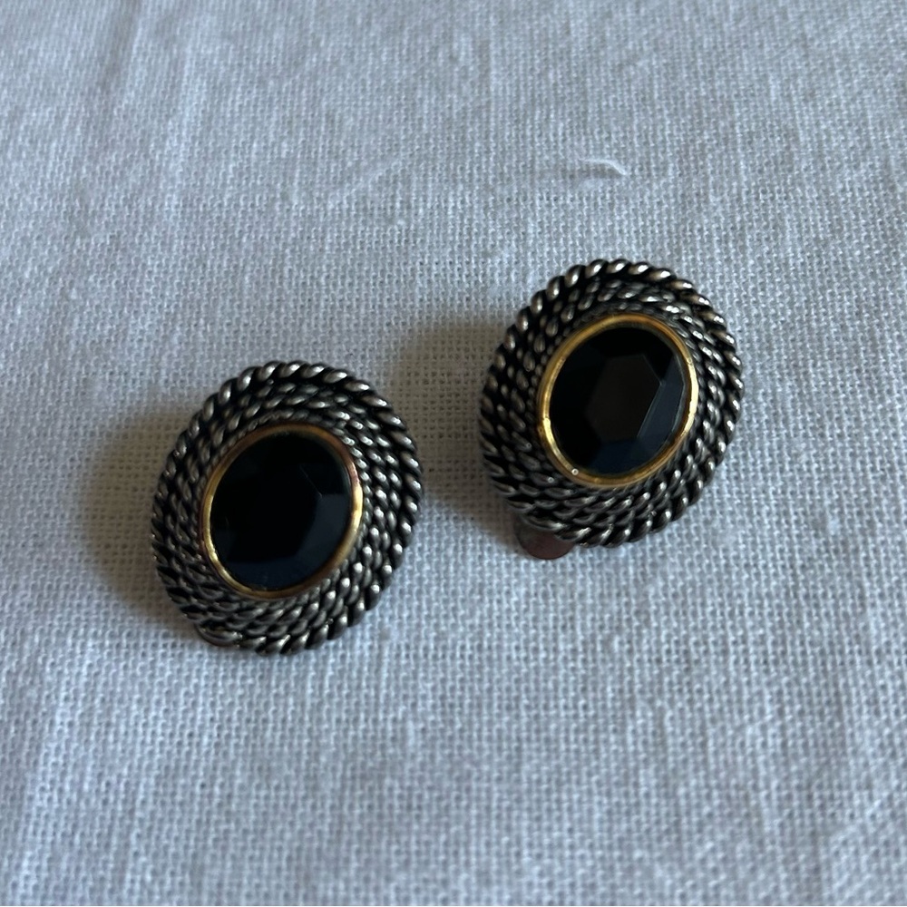 VTG | Silver & Gold Clip On Earrings with Black Gemstone